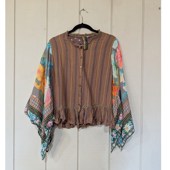 Aratta Silent Journey Boho Striped Floral Scarf Sleeve Blouse S Colorful - Picture 2 of 14